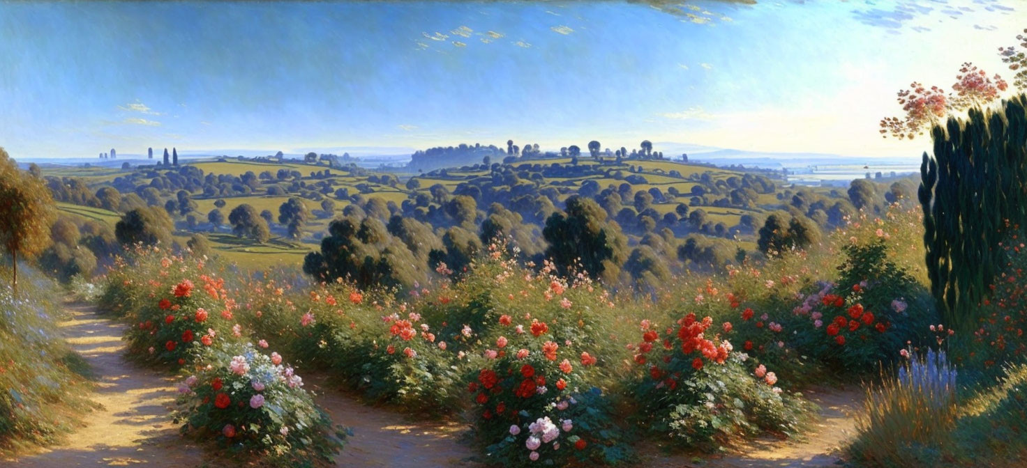 Panoramic landscape painting with dirt path, red flowers, green hills, blue sky