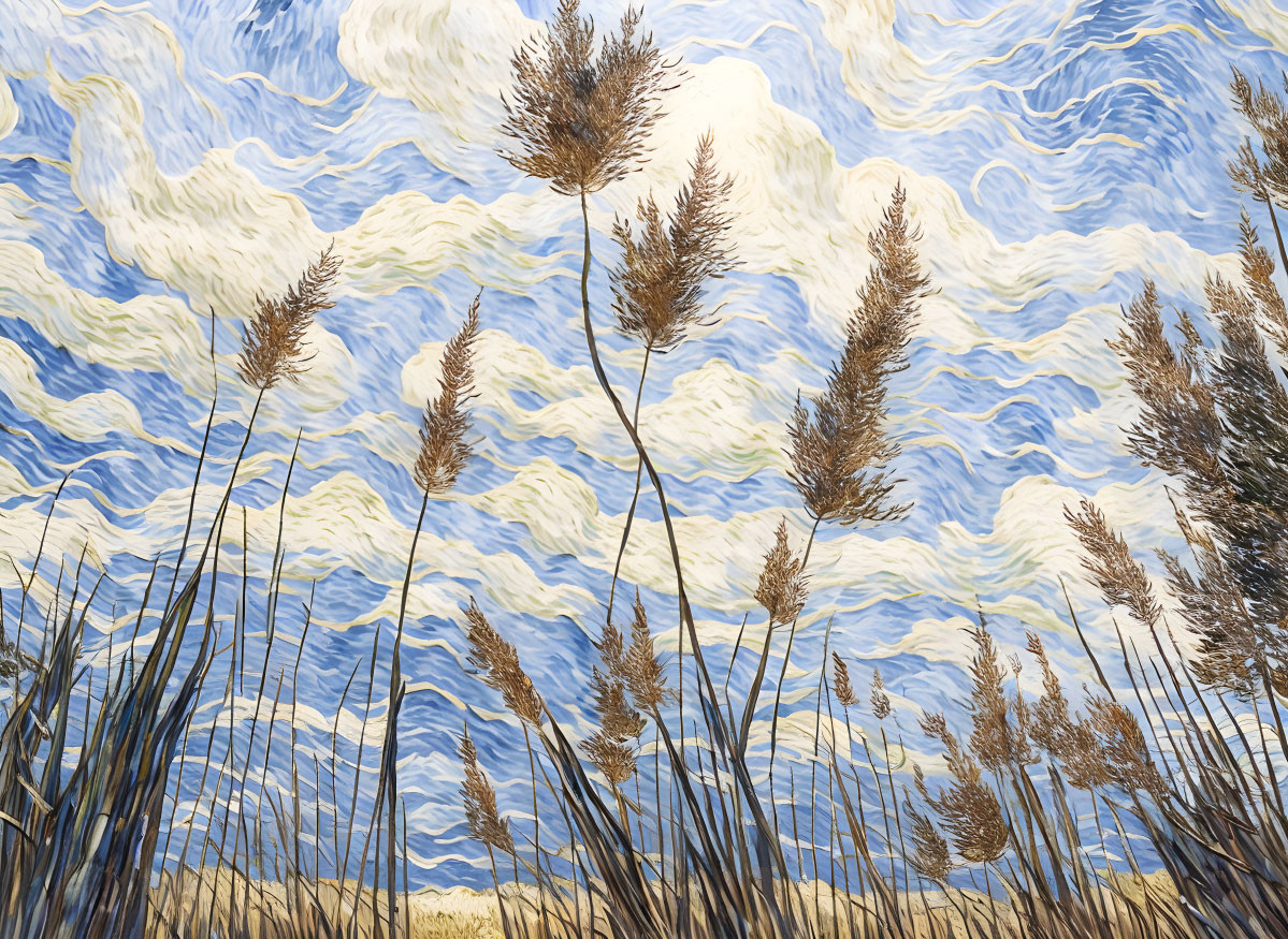 Stylized tall reeds under blue & white sky, evoking Van Gogh's brushwork