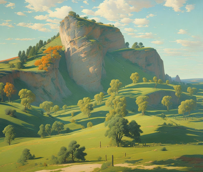 Rolling Hills, Trees, Cliff Face, Blue Sky: A Vibrant Landscape