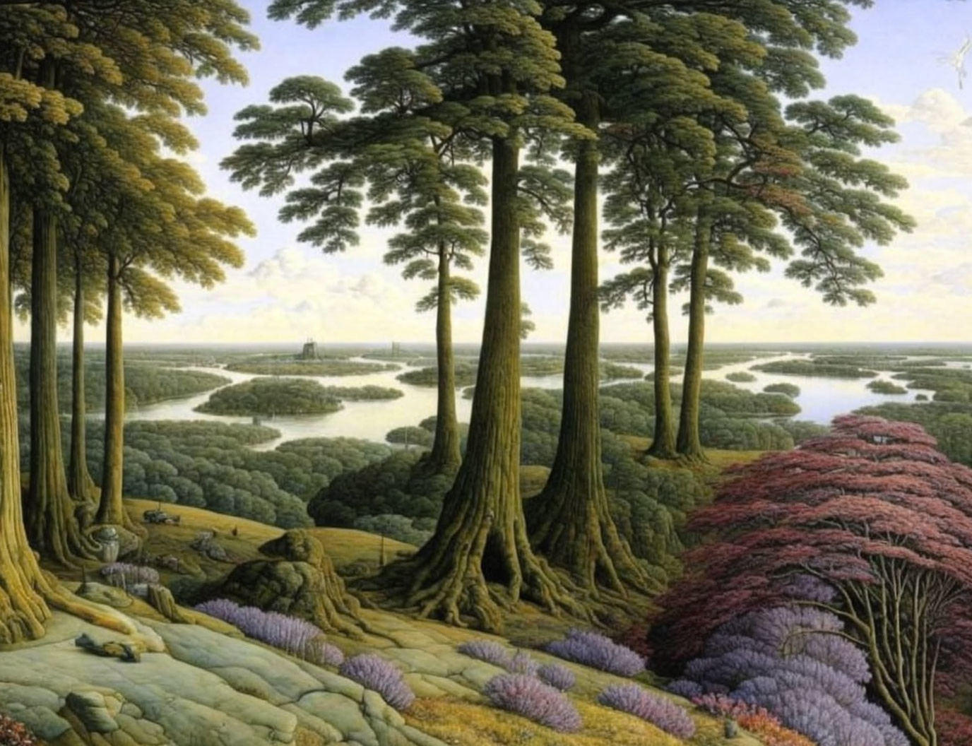 Forest landscape painting with tall trees, river, and distant village.