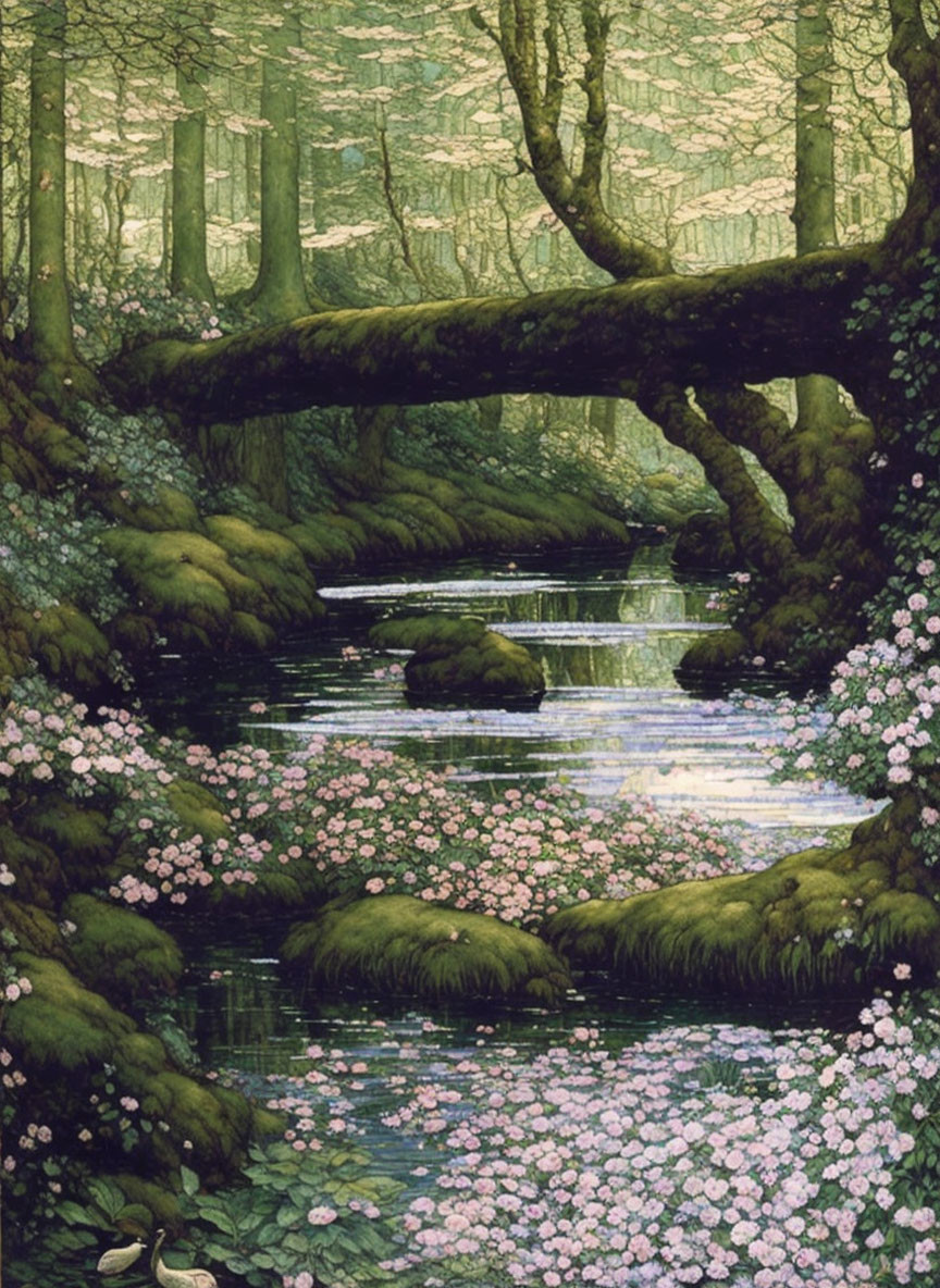 Tranquil forest stream with natural bridge and blooming flowers