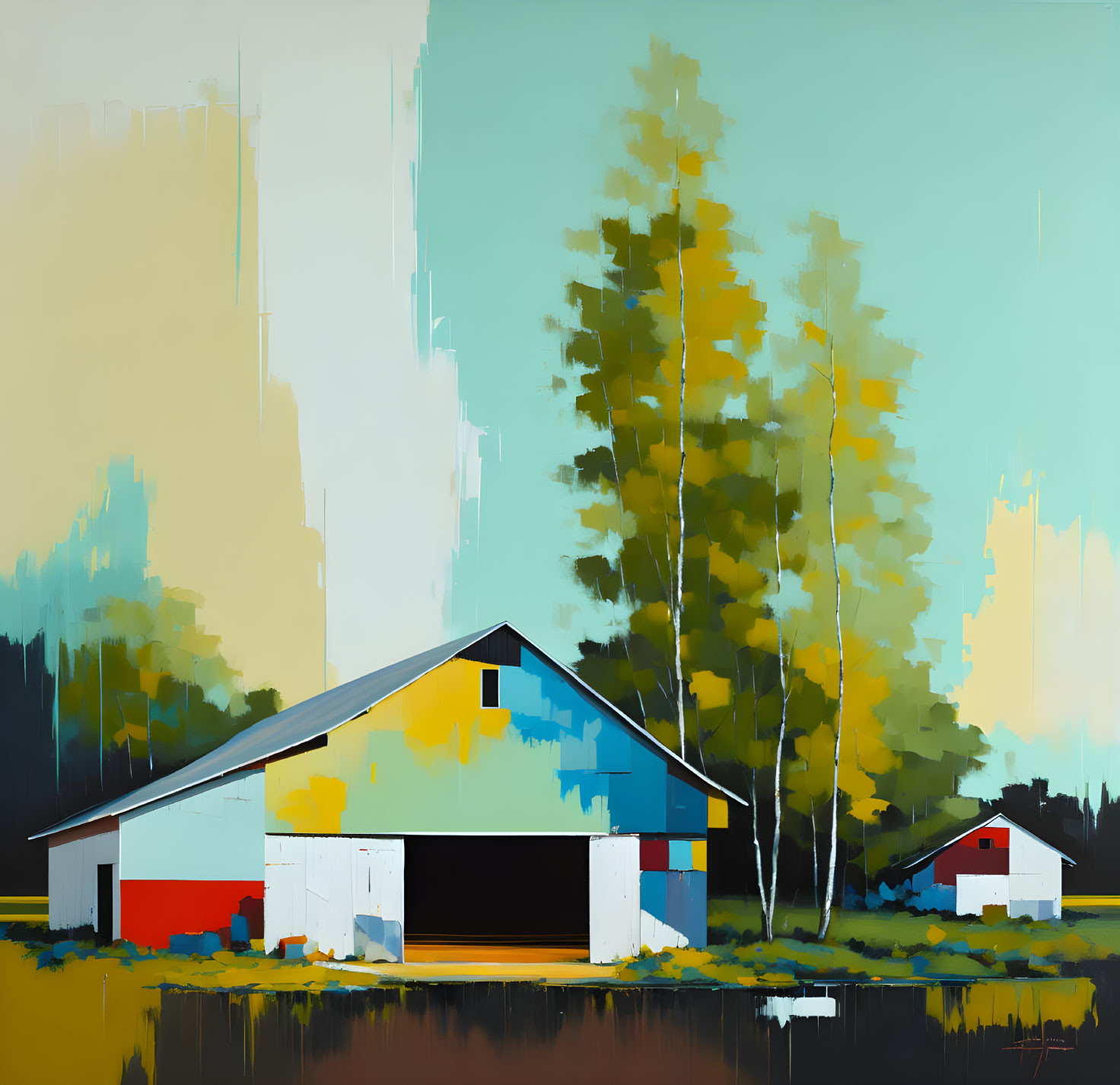 Stylized rural scene painting with barn, outbuilding, trees, and vibrant colors.