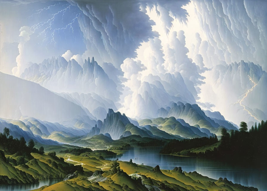 Dramatic landscape painting: mountains, stormy sky, lightning, lake, rolling hills