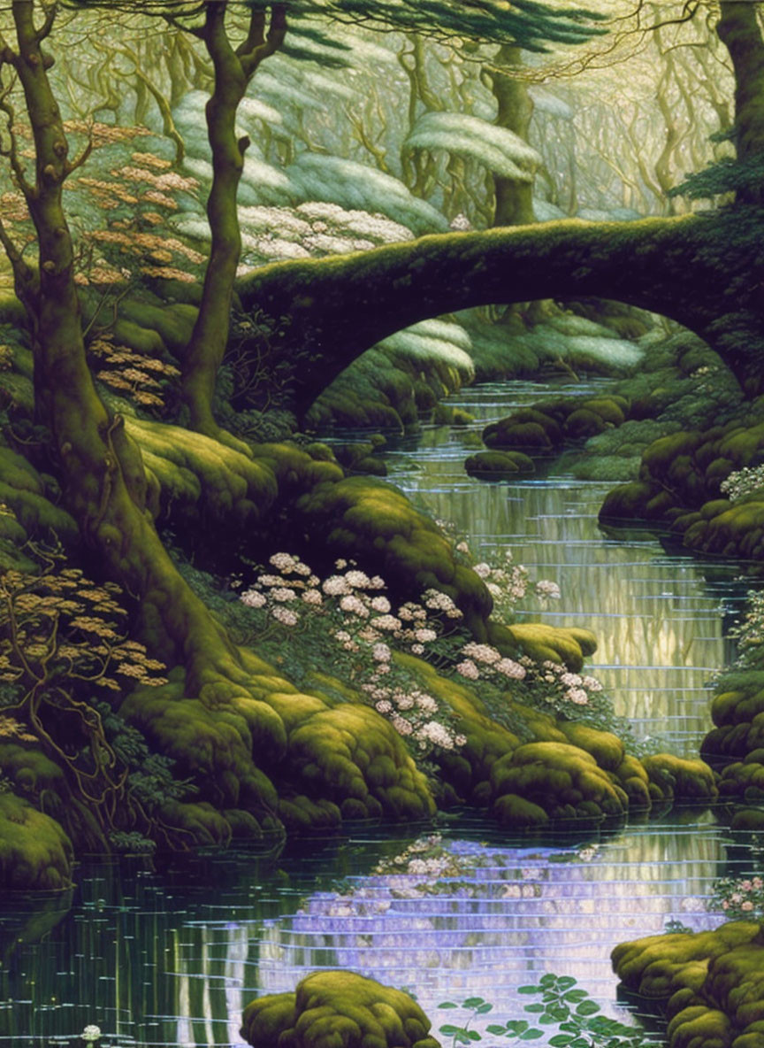 Tranquil forest scene with river, mossy bridge, and blooming trees