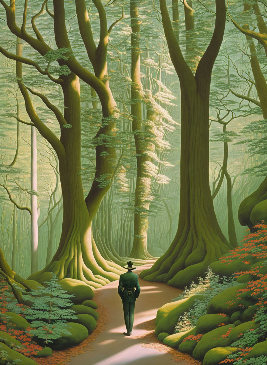 Figure walking on path in enchanting green forest.