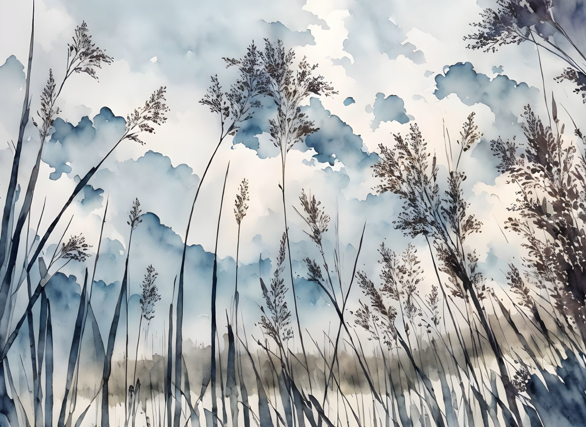 Delicate grasses in watercolor with blue mountains and hazy sky