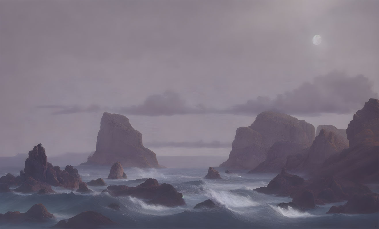 Misty rock formations in serene seascape at dusk