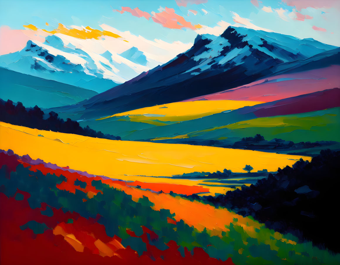 Vibrant mountain landscape painting with colorful fields and expressive sky