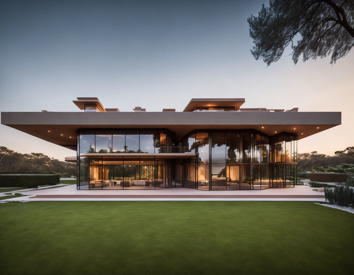 Luxury House with Glass Walls, Flat Roofs, and Manicured Surroundings at Dusk