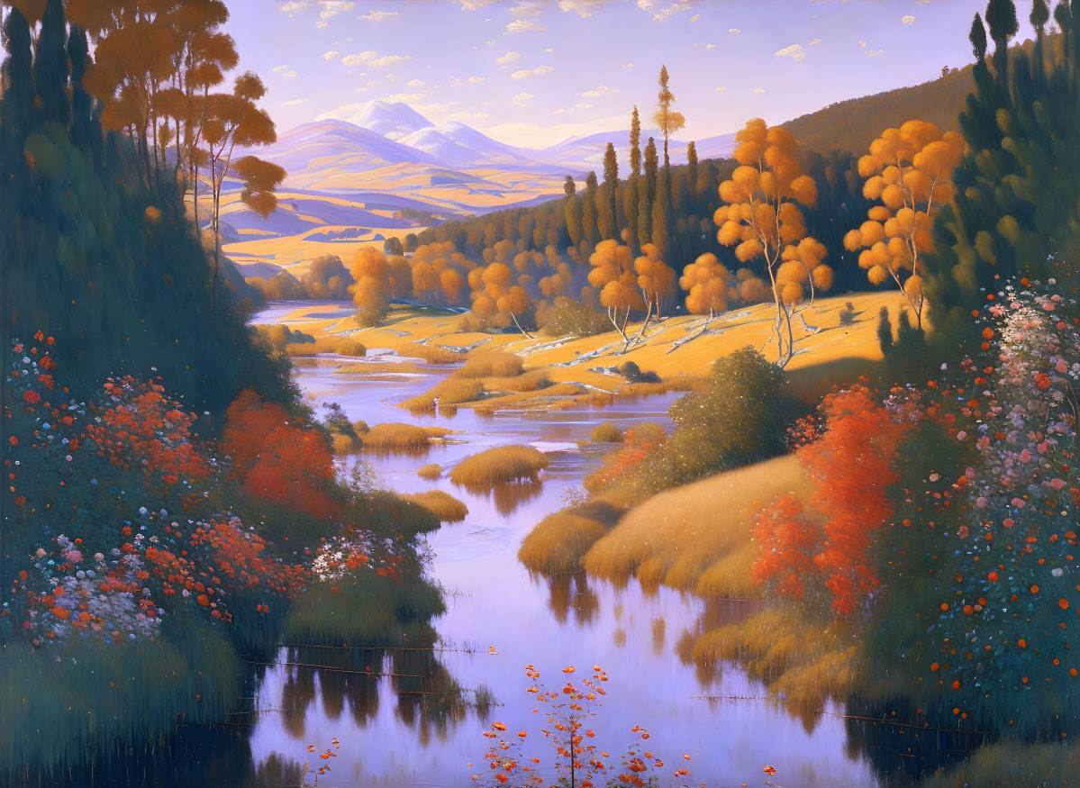 Tranquil landscape painting: meandering river, lush foliage, distant mountains