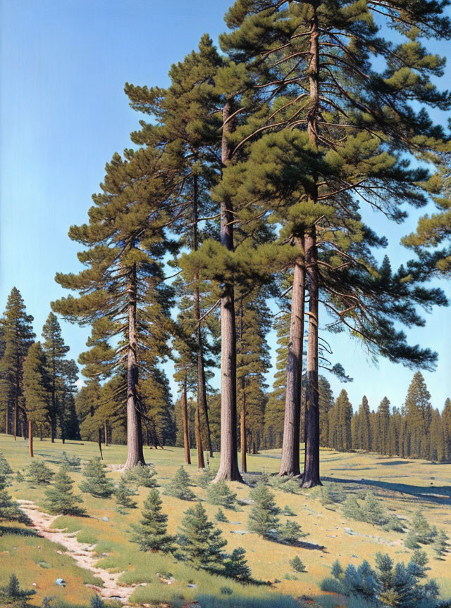 Tranquil forest scene with tall pine trees and footpath