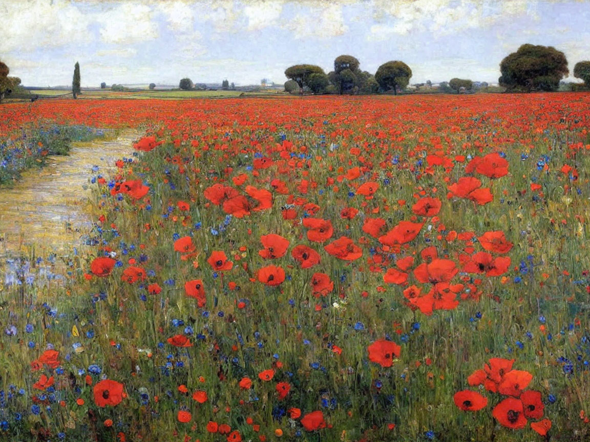 Colorful field of red poppies and blue flowers with dirt path, trees, and blue sky.