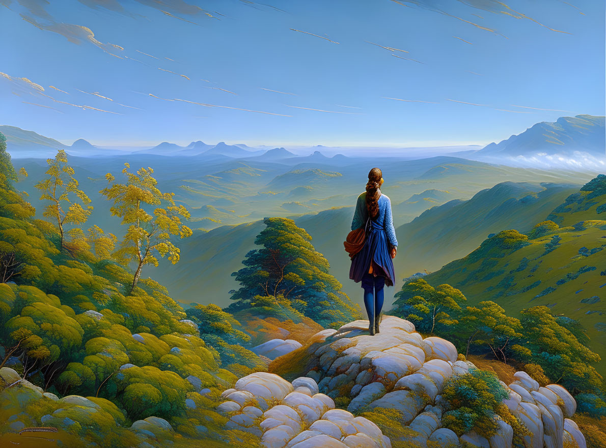 Person on rocky outcrop gazes at lush valley, trees, and mountains under blue sky.