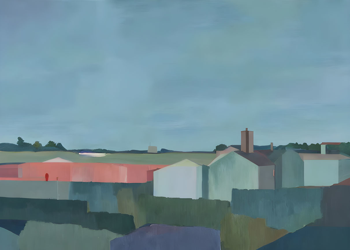 Tranquil landscape of blocky houses under cloudy sky