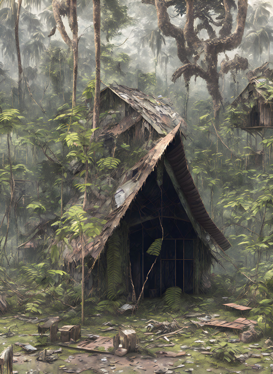 Abandoned wooden hut with thatched roof in misty jungle