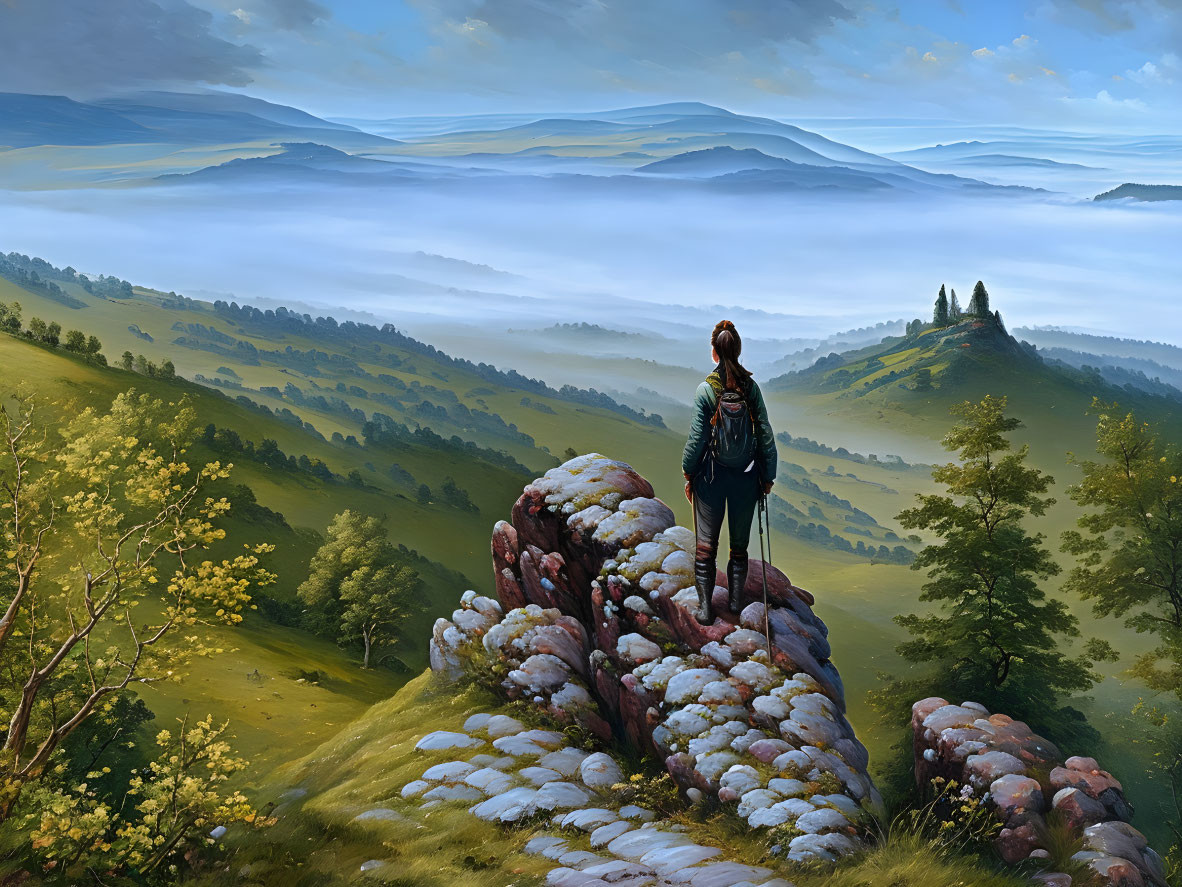 Hiker overlooking mist-covered valley and mountain ridges