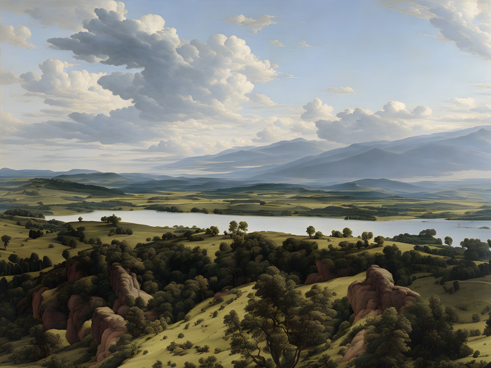 Tranquil landscape painting of valley, lake, hills, clouds, mountains