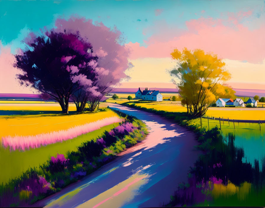 Colorful countryside road leading to cluster of houses in vibrant painting