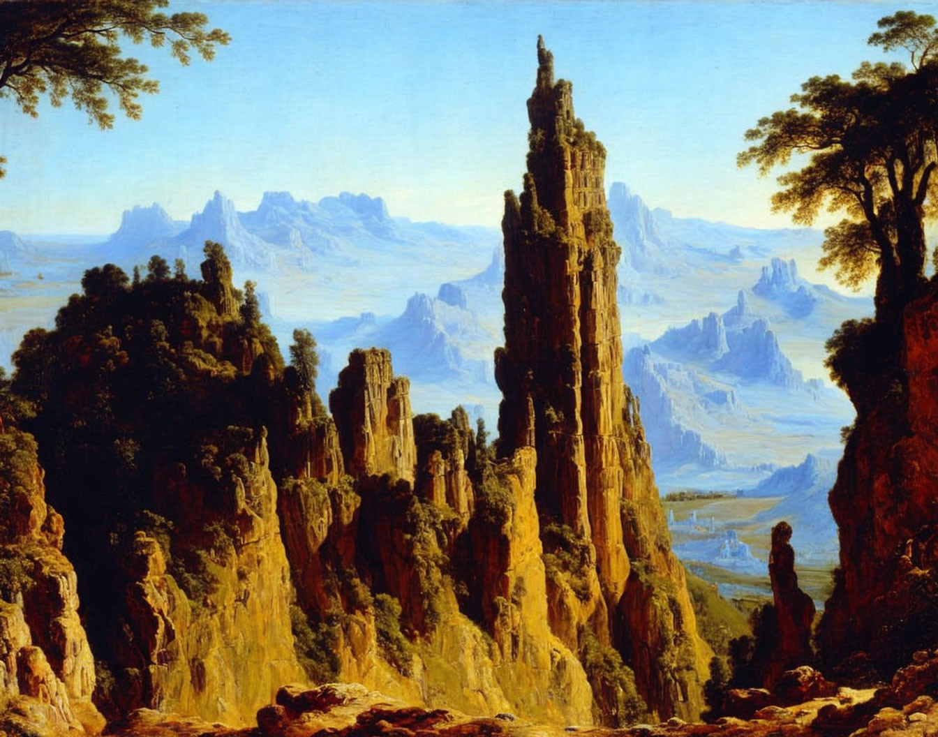 19th-Century Landscape Painting with Rock Formations and Blue Mountains