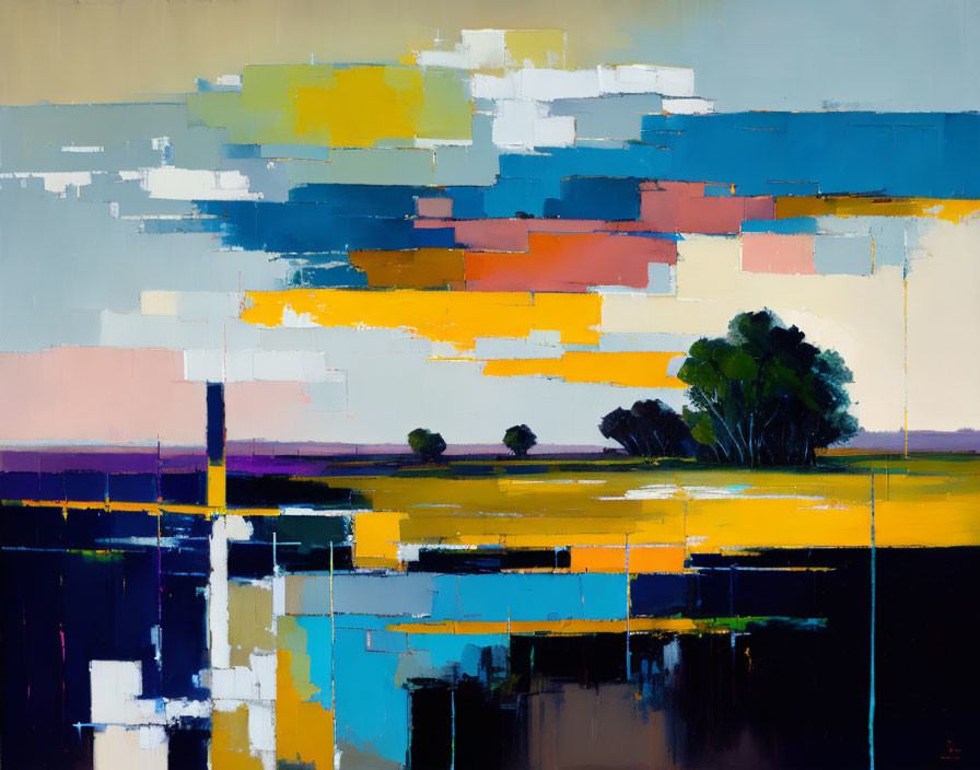 Vivid Abstract Landscape Painting with Horizontal Lines and Color Blocks