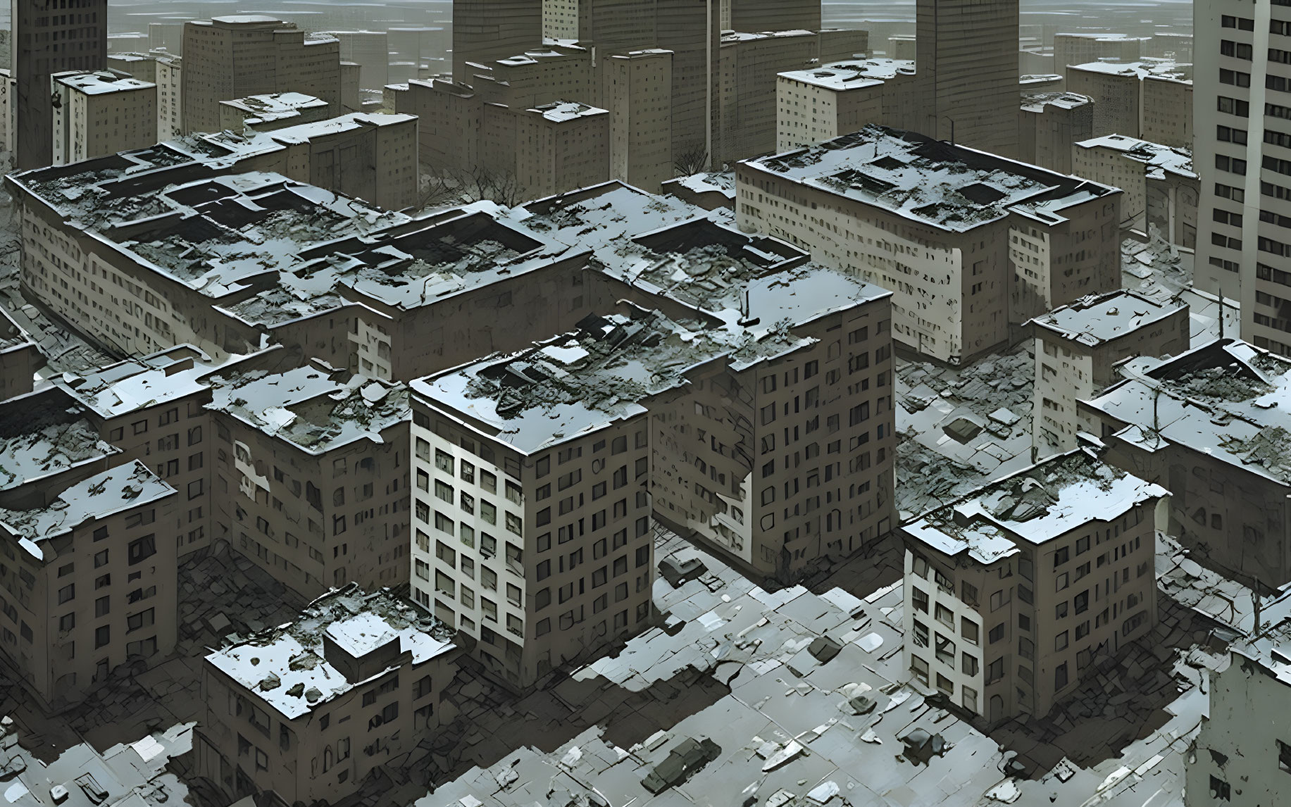 Deserted urban area with snow-covered streets and dilapidated buildings