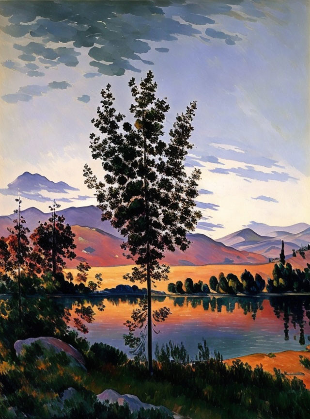 Colorful landscape painting with tree, lake, sunset, mountains