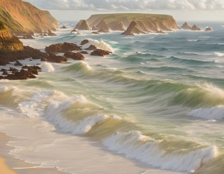 Sandy beach with waves and cliffs under golden light