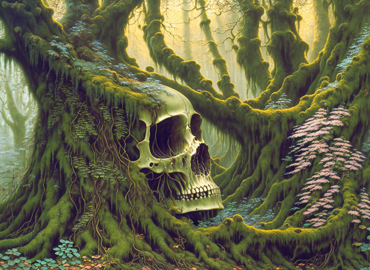 Enchanting forest scene with giant skull, tree roots, moss, greenery, and ethereal