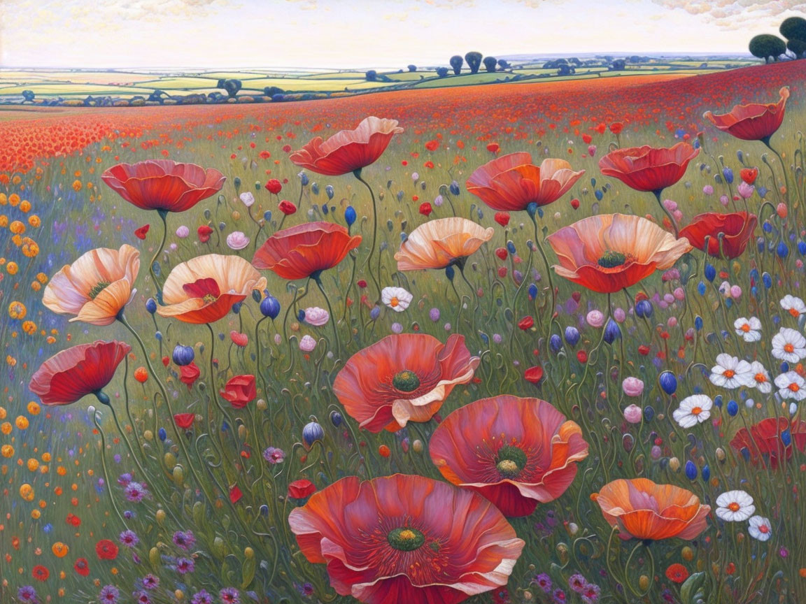 Scenic red poppy field with wildflowers under blue sky