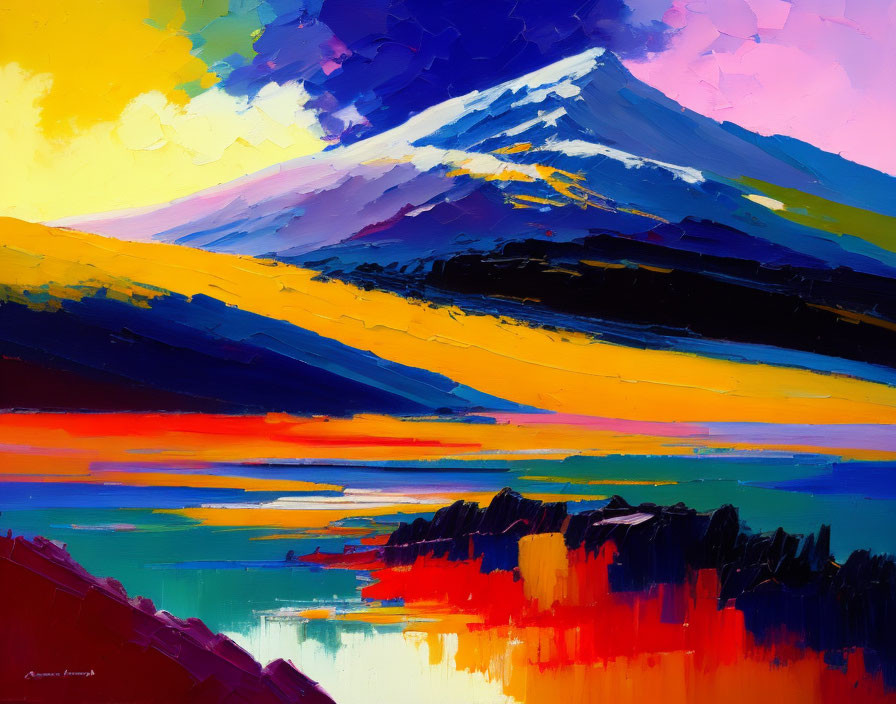 Abstract painting of colorful mountain & lake with bold brushstrokes