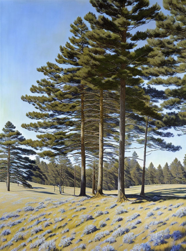 Scenic landscape painting with tall pine trees, violet flowers, and clear blue sky