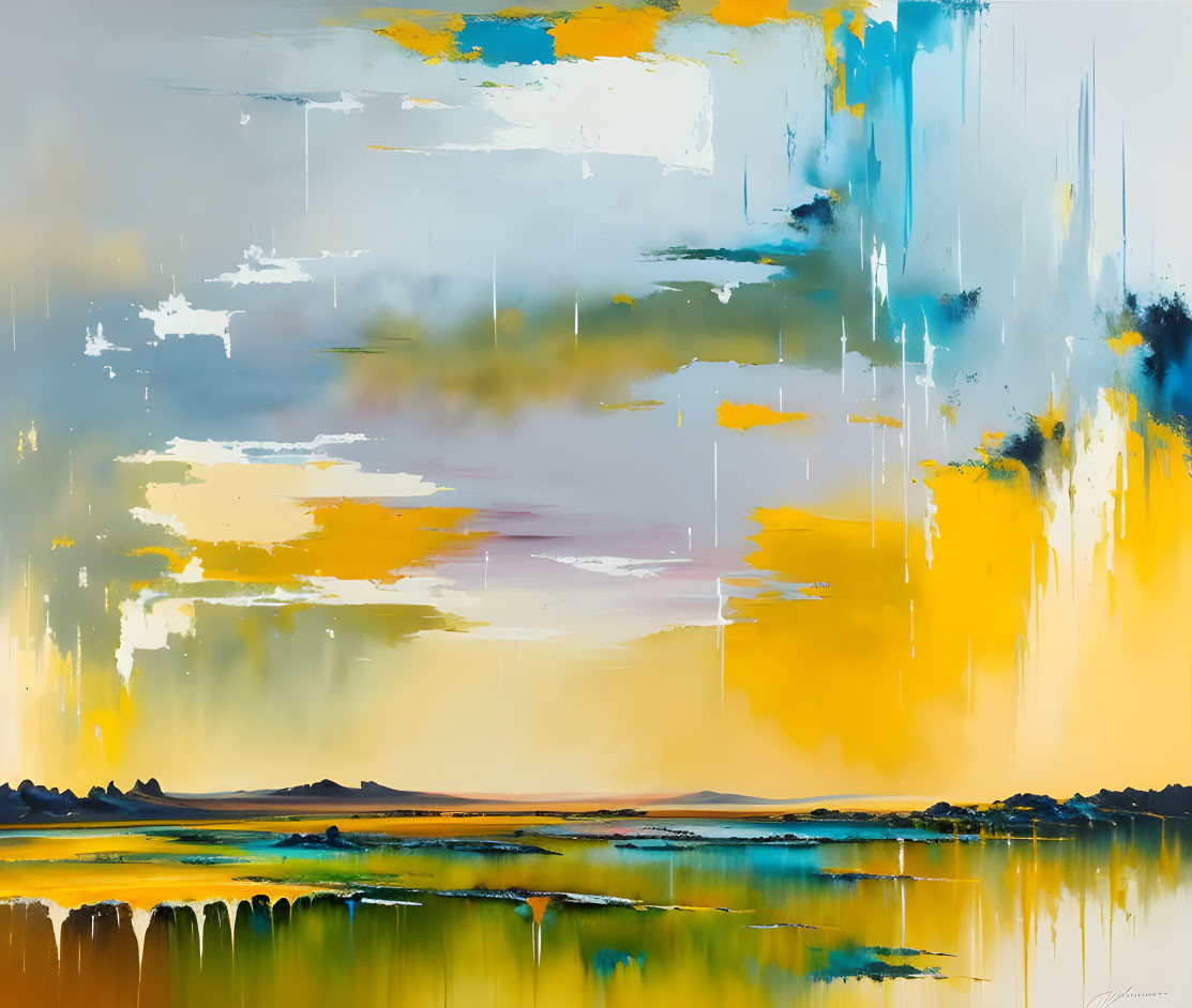 Colorful Abstract Painting: Yellow, Blue, and White Drips Depicting Serene Landscape