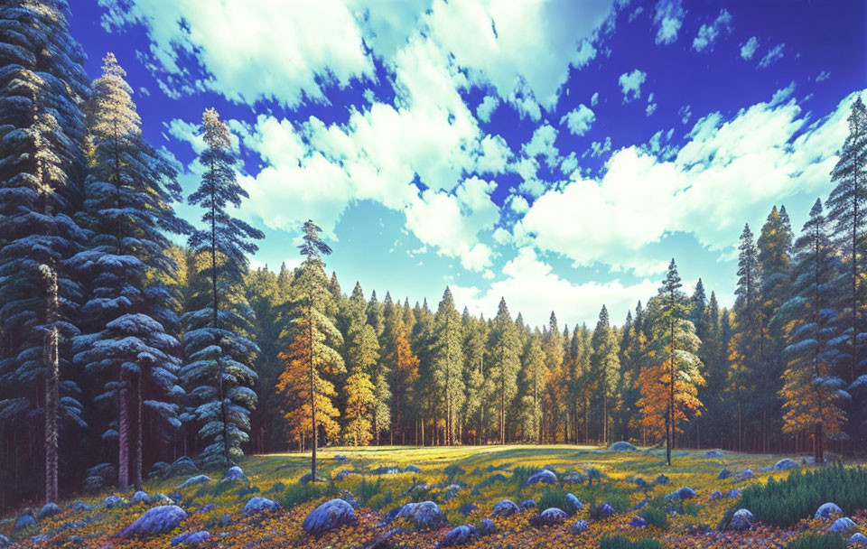 Tranquil Forest Clearing with Conifers, Autumn Trees, Purple Flowers, and Blue Sky