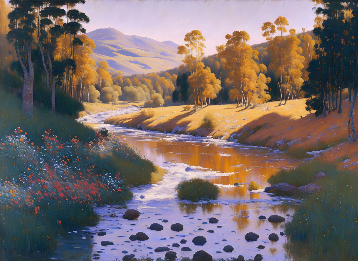 Tranquil landscape painting: river, golden trees, red wildflowers