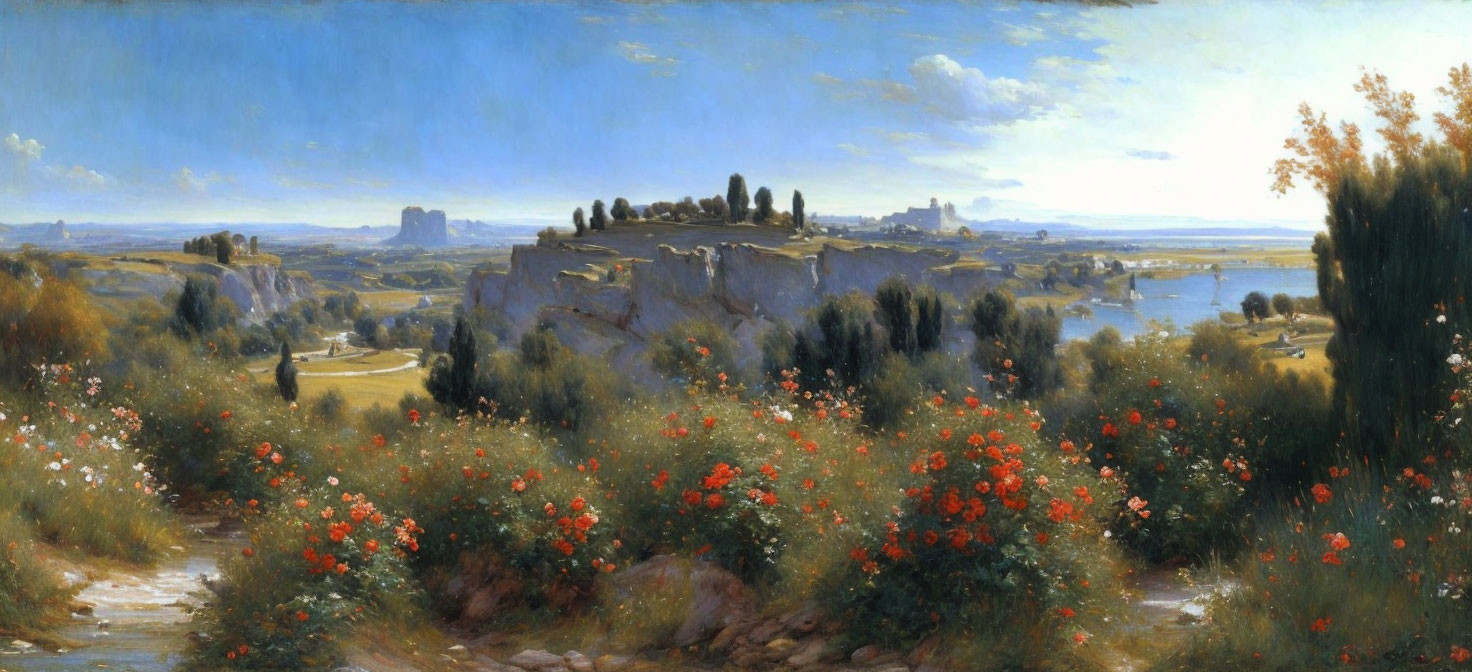 Panoramic landscape painting: hill ruins, greenery, red flowers, river, city, blue