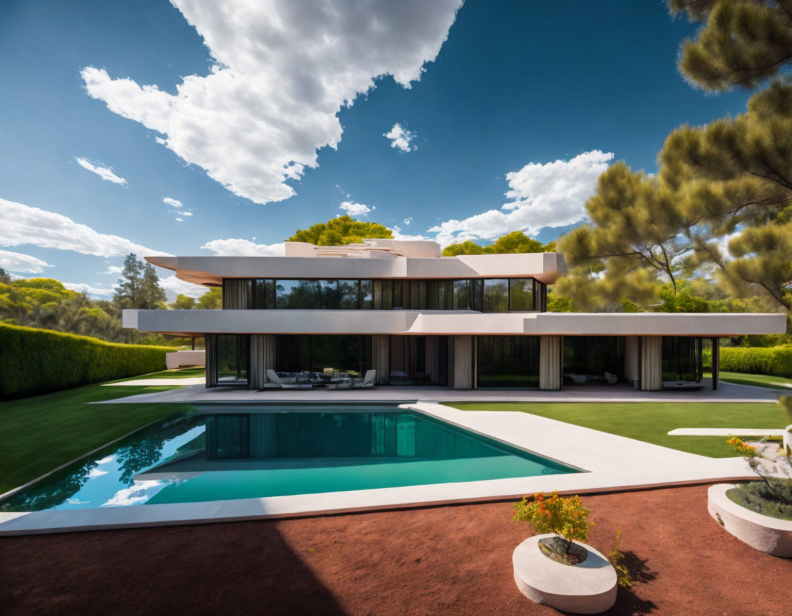 Luxury House with Flat Roofs, Large Windows, and Swimming Pool