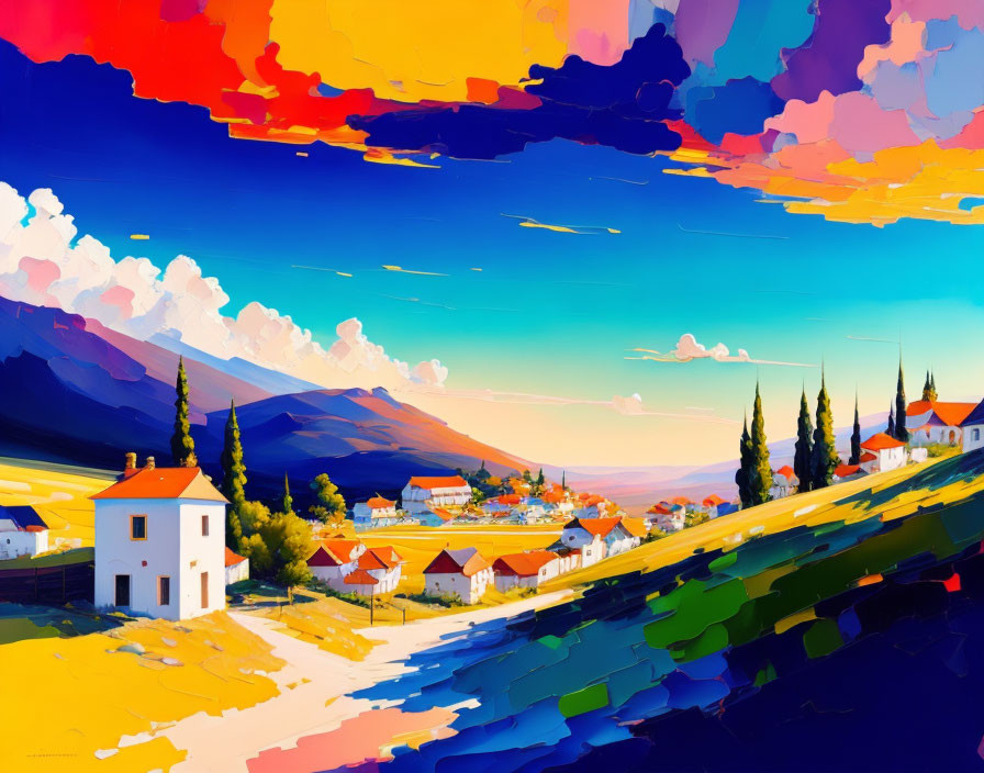 Colorful Sky and White Buildings in Vibrant Landscape