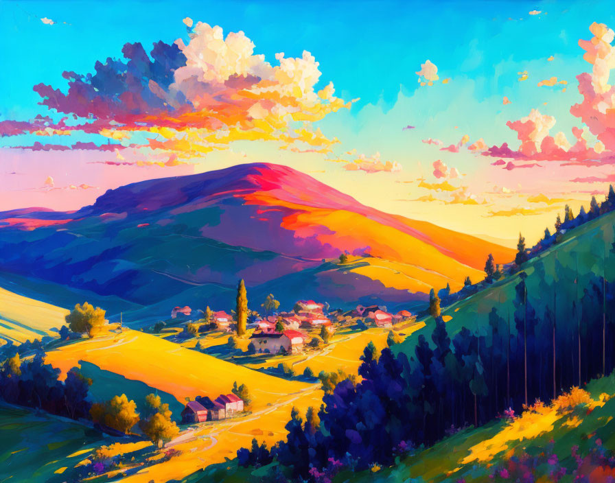 Scenic village painting: rolling hills, colorful sunset sky