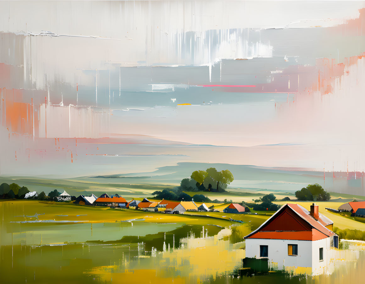 Colorful rural landscape painting with white and colorful houses.