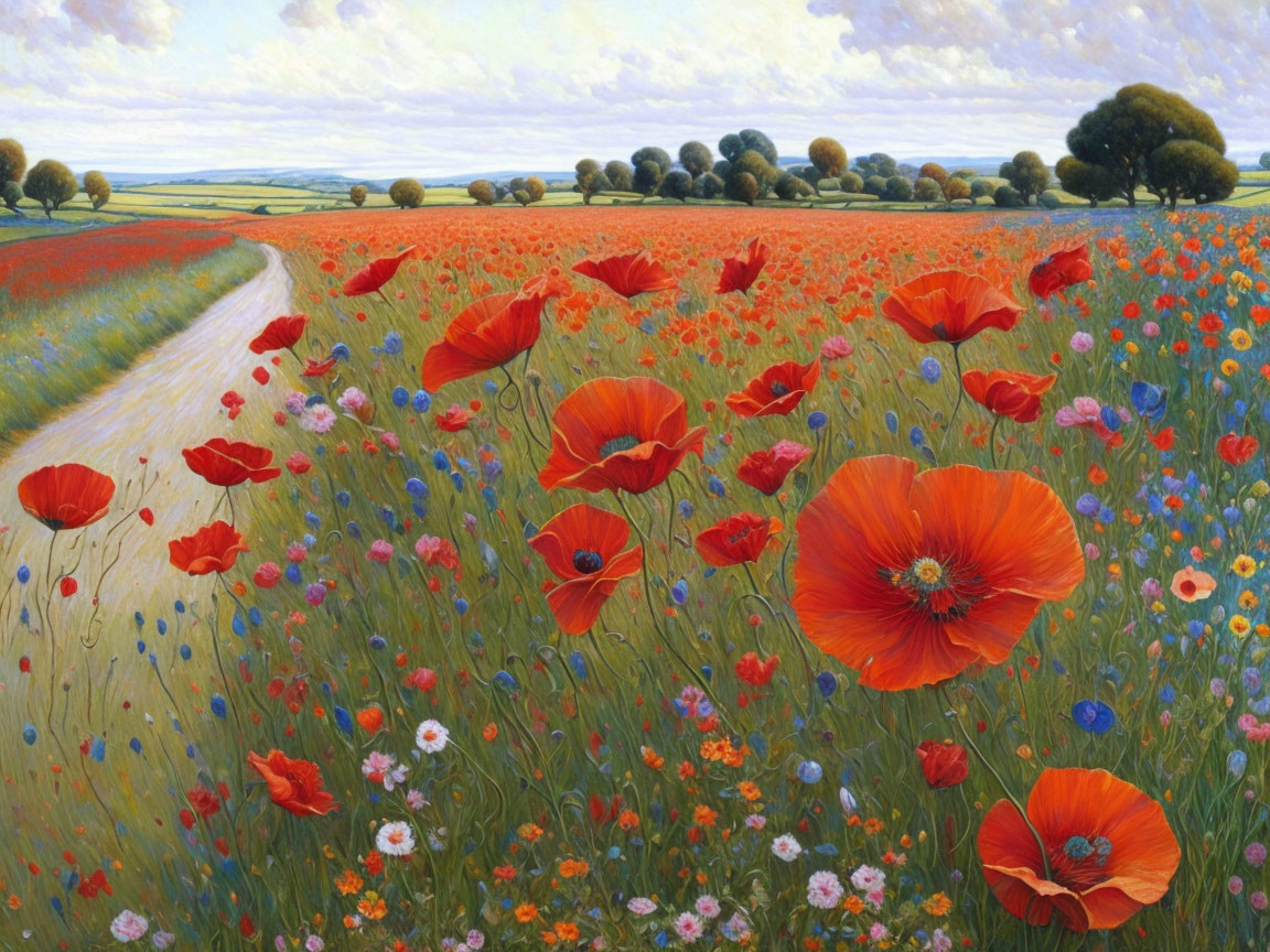 Colorful poppy field painting with winding path, green trees, and blue sky.