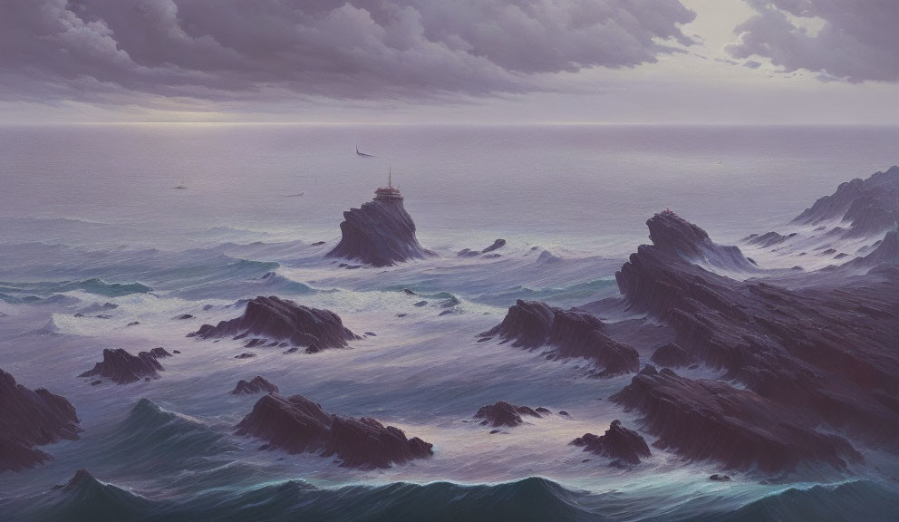 Stormy Seascape with Lighthouse on Rocky Islet