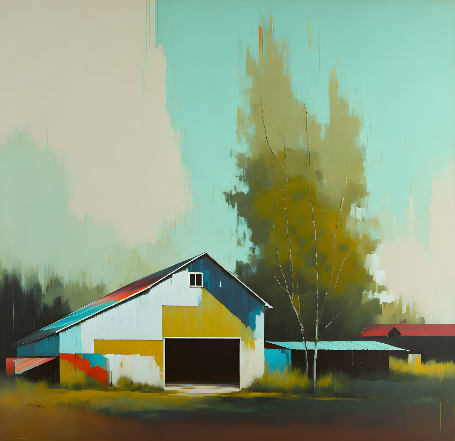 Stylized painting of rural scene with barn, trees, and abstracted sky