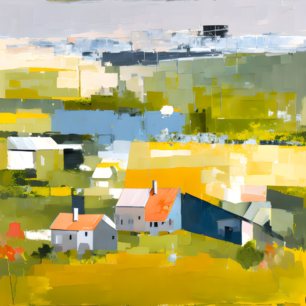 Vivid countryside painting with yellow and green fields, blue and white houses, and a touch of red