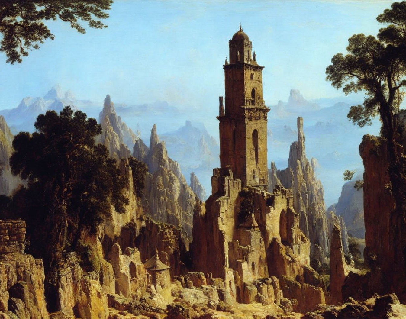 Solitary tower on rugged cliffs with mountainous landscape