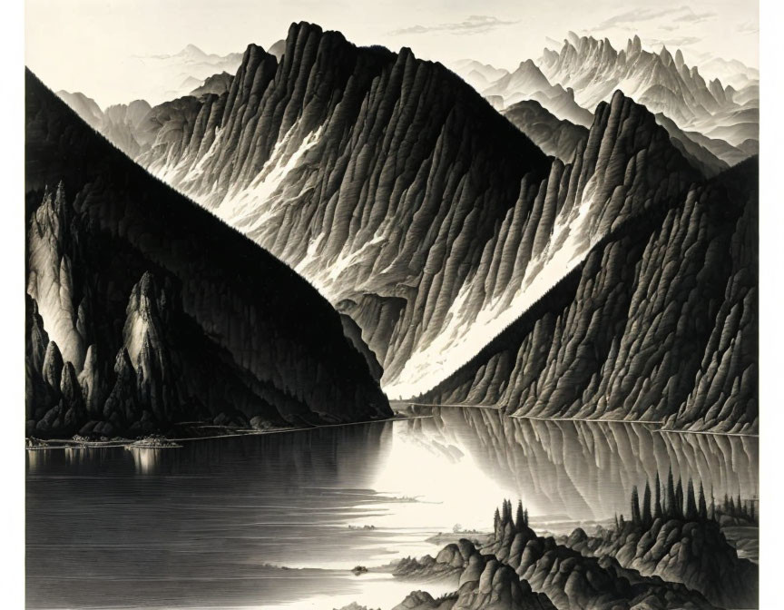 Monochrome illustration of tranquil mountain scene with lake reflection