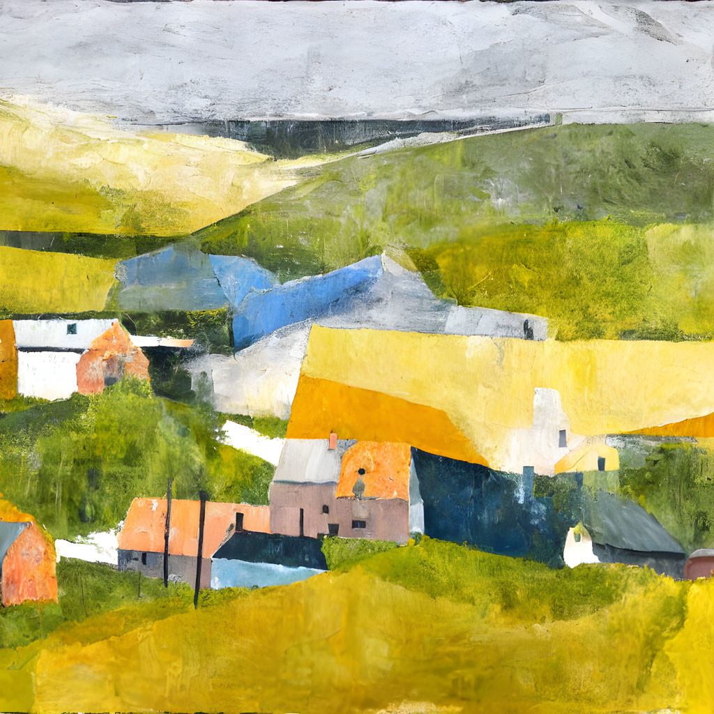 Textured countryside landscape painting with yellow and green fields, scattered houses, and cloudy sky.