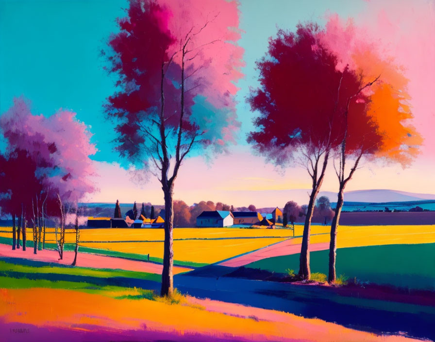 Colorful landscape painting with purple and pink trees, path, and buildings under blue sky