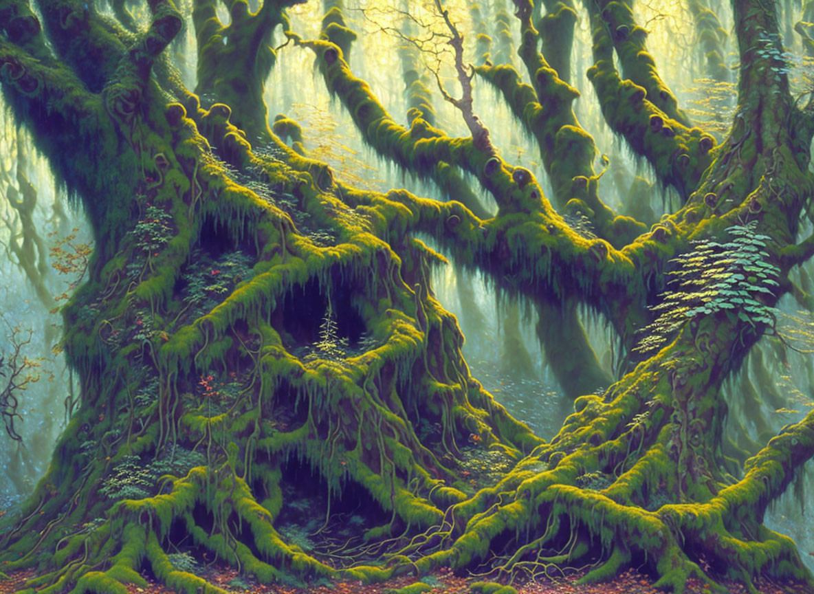 Moss-covered ancient trees in misty forest landscape