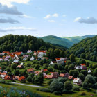 Scenic rural landscape with rolling hills and quaint village.