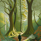 Figure walking on path in enchanting green forest.